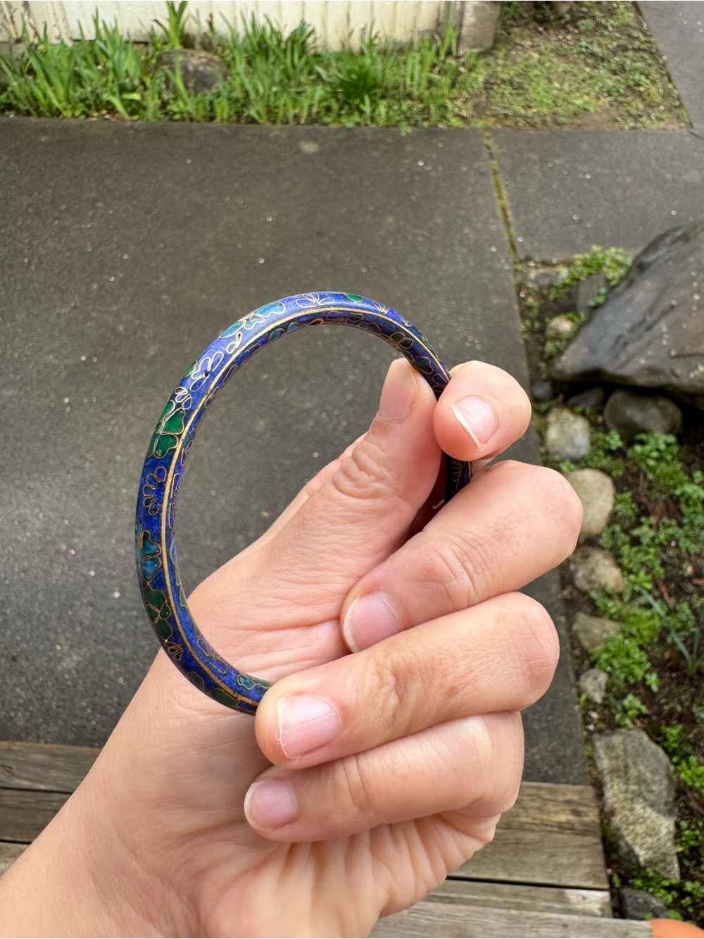 Vintage Blue & Green Floral Cloisonné Enamel Bangle Bracelet